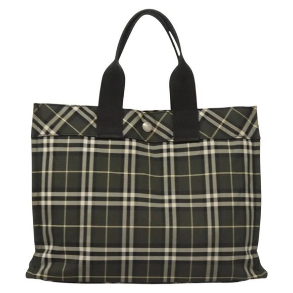 Burberrys Nova Check Blue Label Hand Bag Nylon Khaki Silver Auth hs1707 - Picture 2 of 16